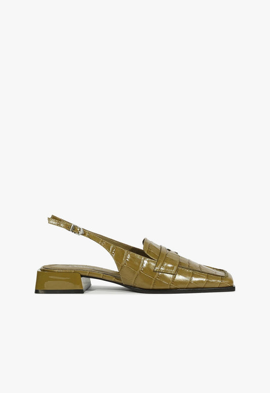 Arizona Sling Block Pump FALL 24 5 Green Crocodile-Embossed Leather - Schutz Shoes