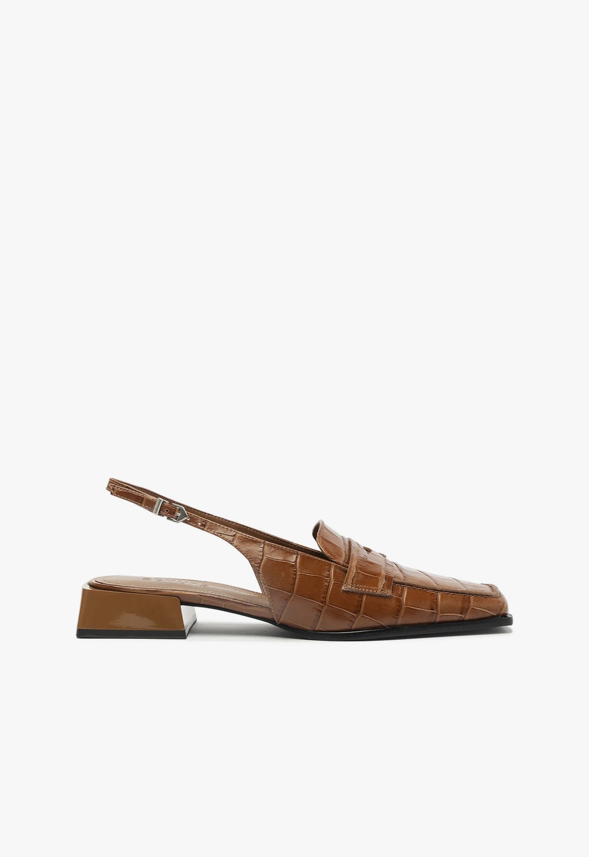 Arizona Sling Block Pump FALL 24 5 Dark Caramel Crocodile-Embossed Leather - Schutz Shoes