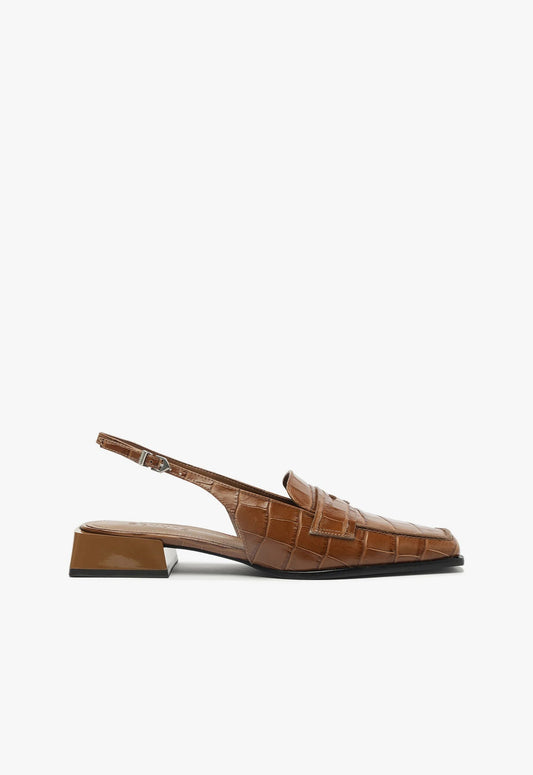Arizona Sling Block Pump FALL 24 5 Dark Caramel Crocodile-Embossed Leather - Schutz Shoes