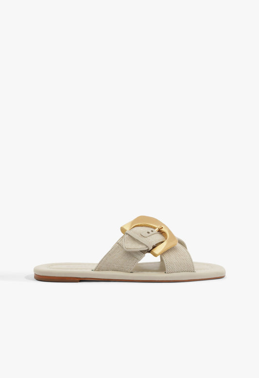 Lois Beige Linen Flat Sandal HIGH SUMMER 25 5 Off White Fabric - Schutz Shoes